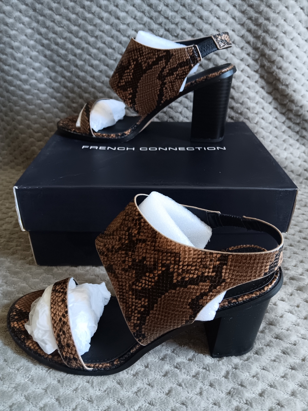French Connection Brown Snake-Print Block Heel Sandals